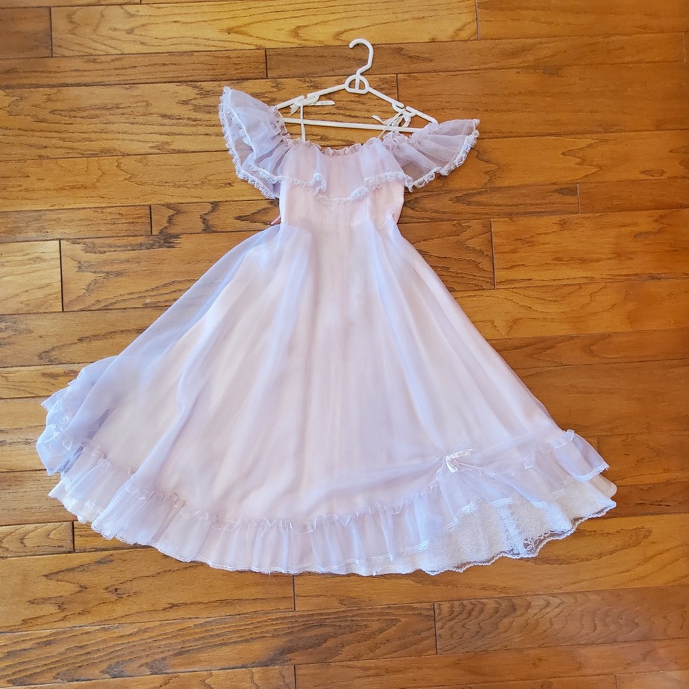 Vintage pink flower girl dress with sheer overlay. Child size 8.